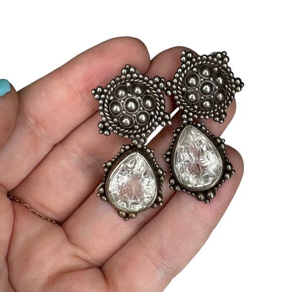 Stephen Dweck Vintage Estate Clip On Drop Earrings Floral Carved Natural Quartz - Picture 1 of 10